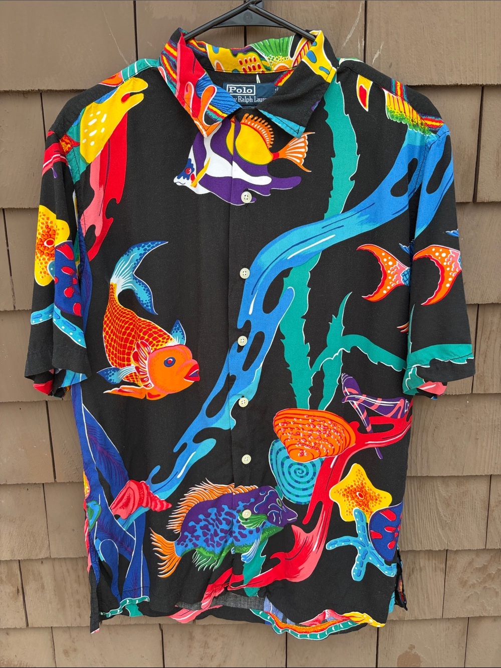 Vintage Caldwell Polo Ralph Lauren Black koi Tropical Fish Hawaiian Shirt